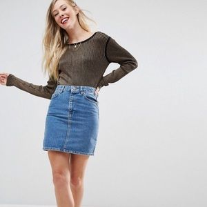 ASOS denim high waisted skirt in midwash blue